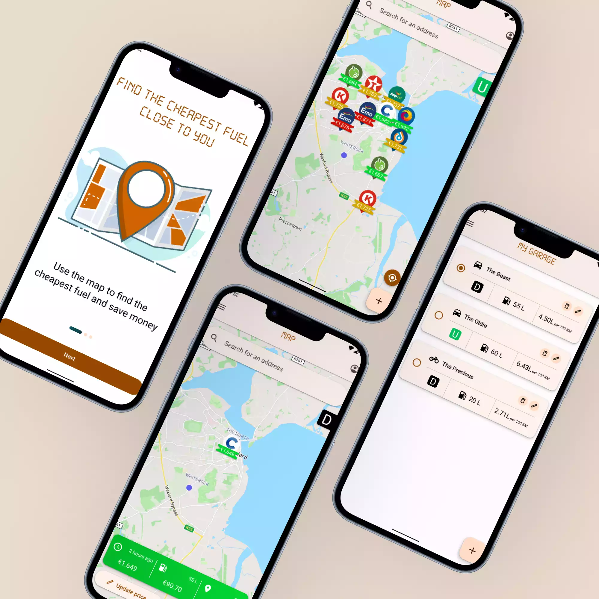 mockup d'un écran de téléphone samsung montrant une page de l'applicaion mobile cheap fuel