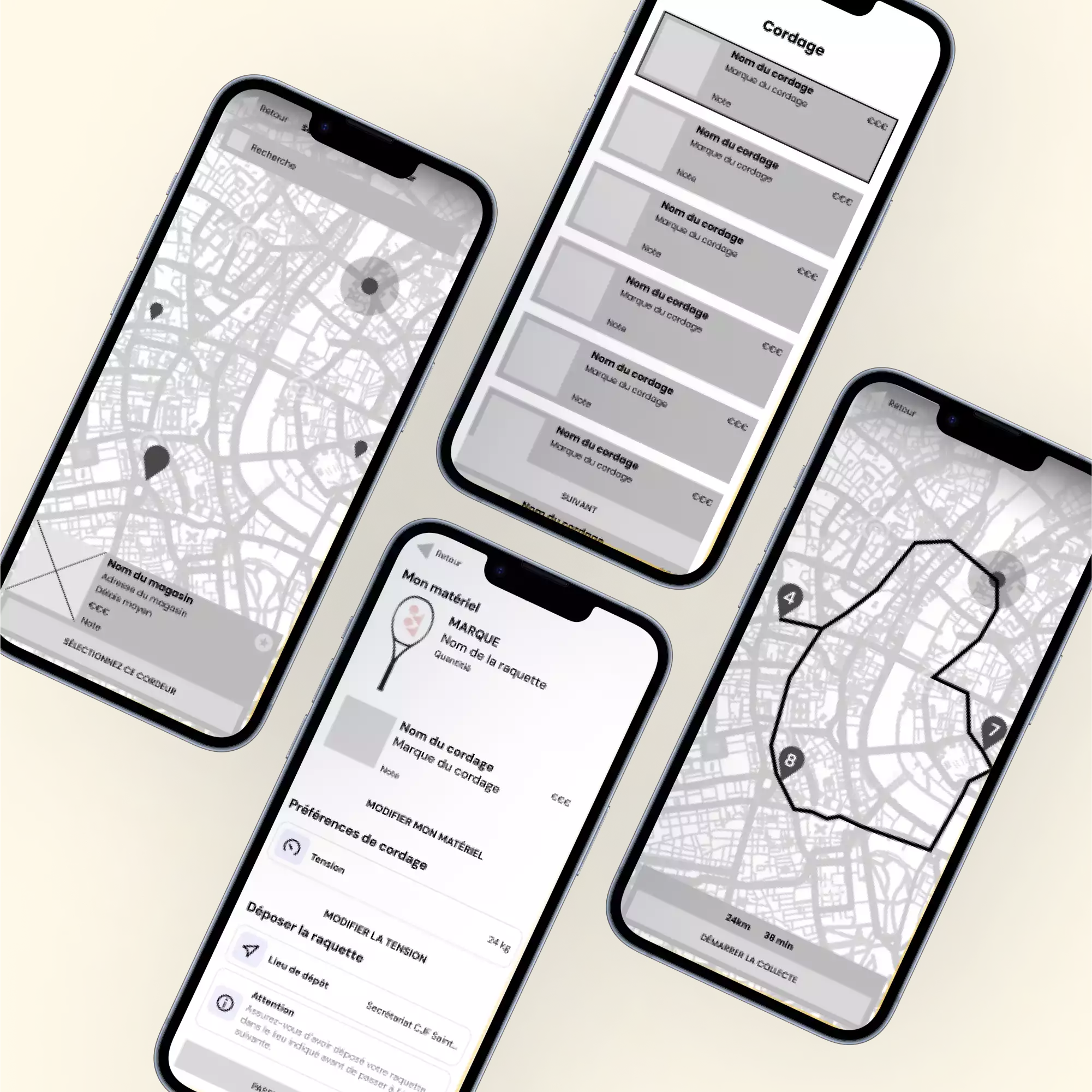 Mockup de plusieurs écrans de l'application RacketLoop