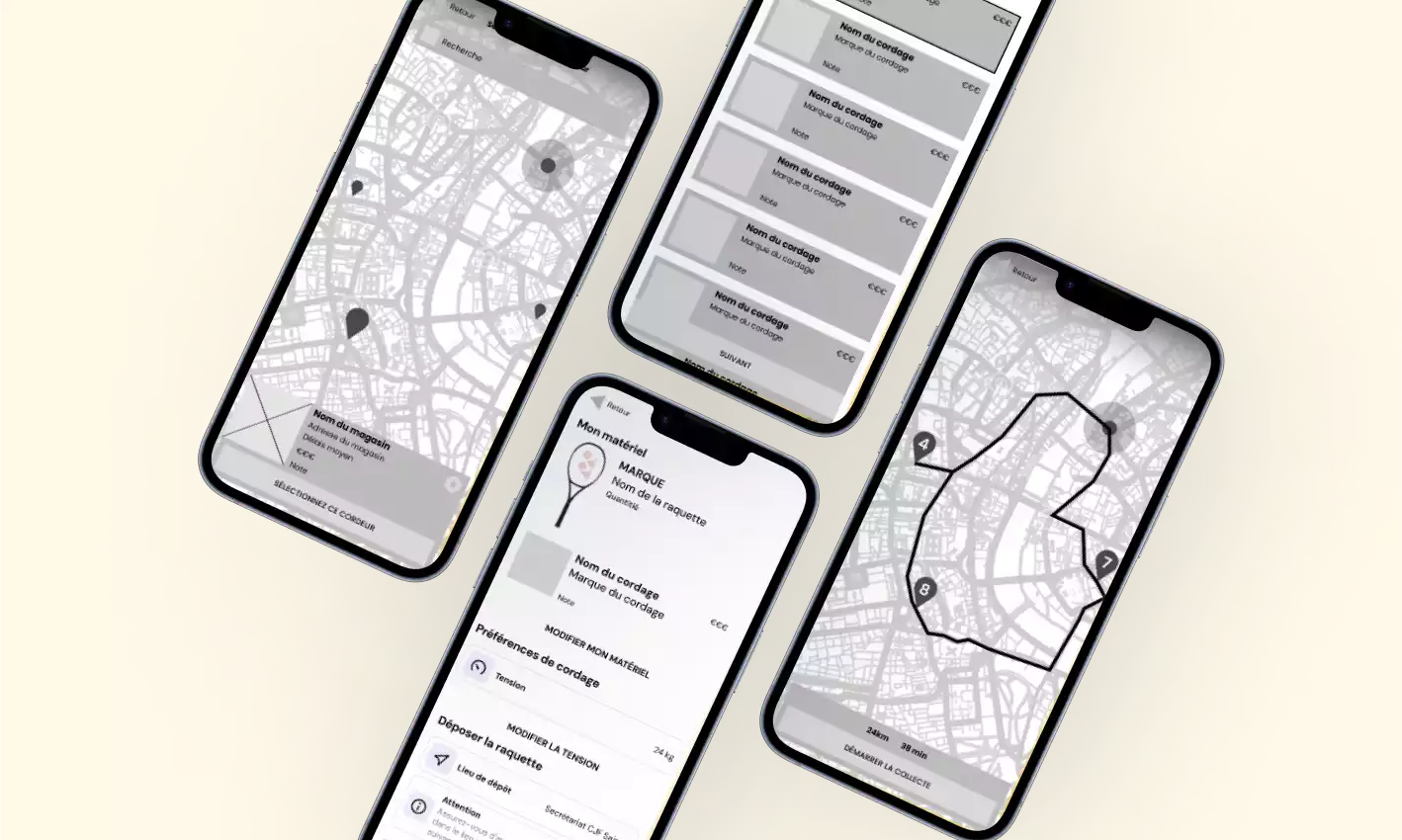 Mockup de plusieurs écrans de l'application RacketLoop
