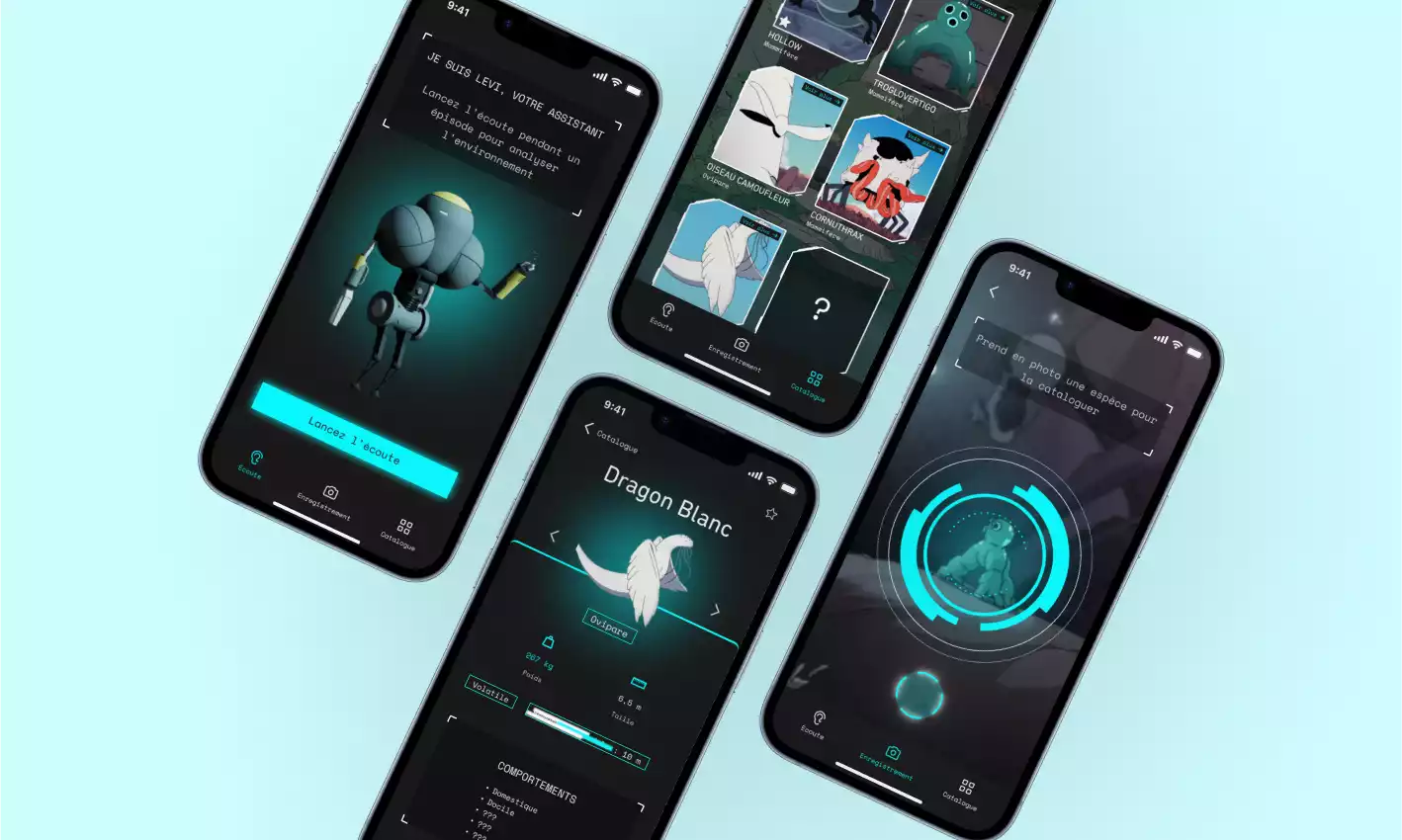 Mockup de plusieurs écran de l'application scavengers'reign sur des iPhones