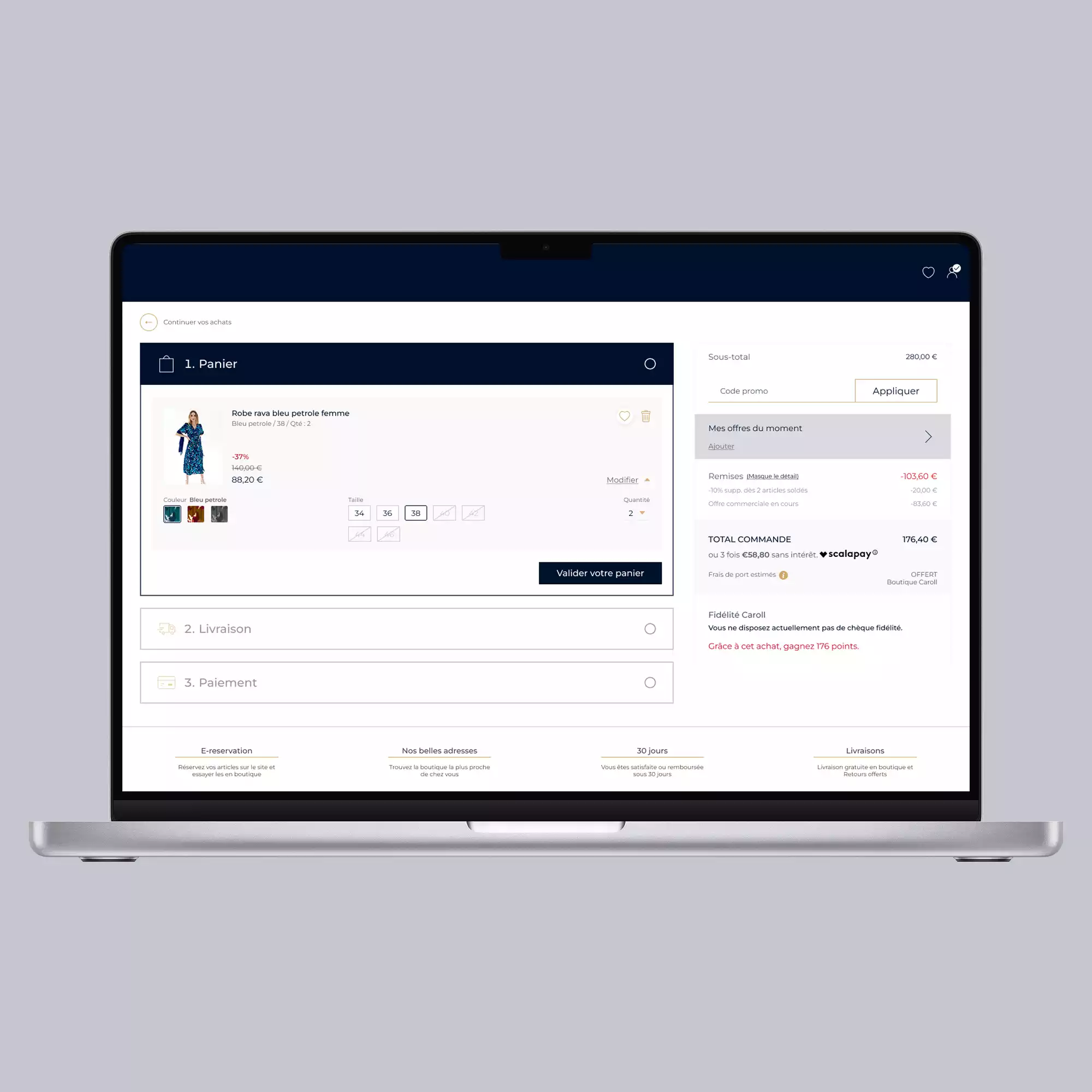 Mockup d'un écran du tunnel d'achat de la boutique e-commerce sur macbook