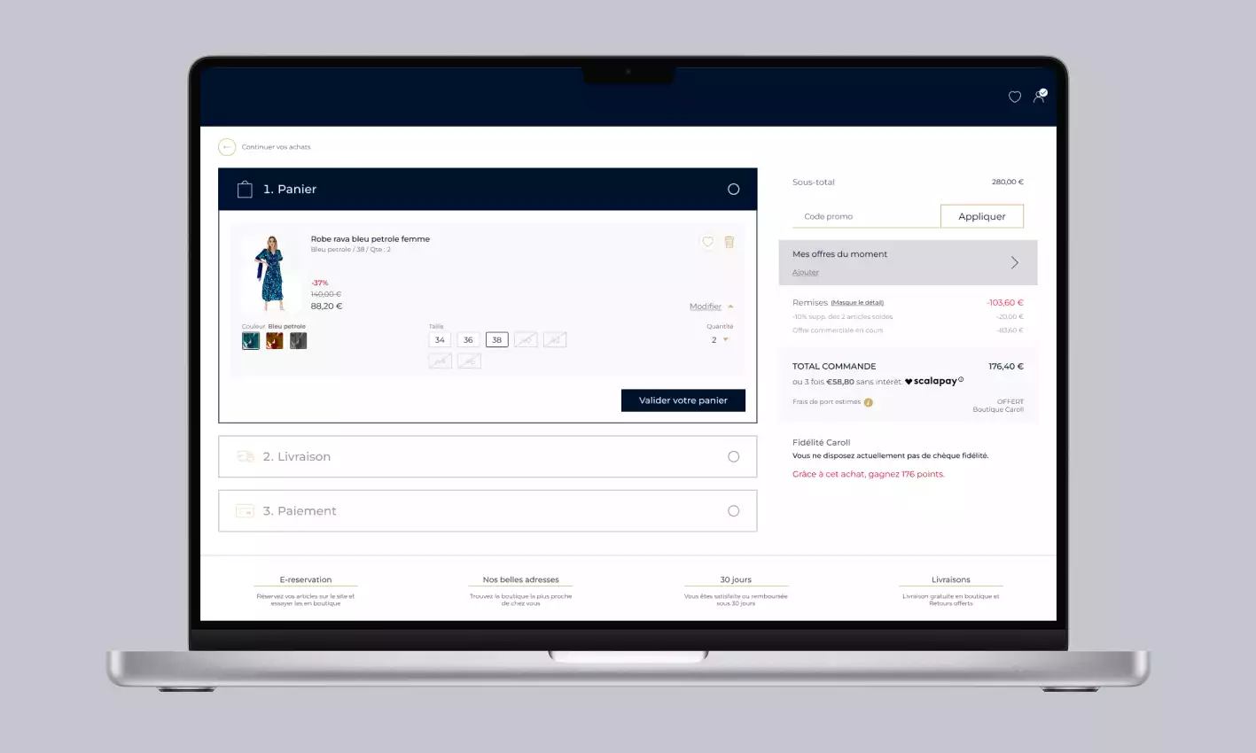 Mockup d'un écran du tunnel d'achat de la boutique e-commerce sur macbook